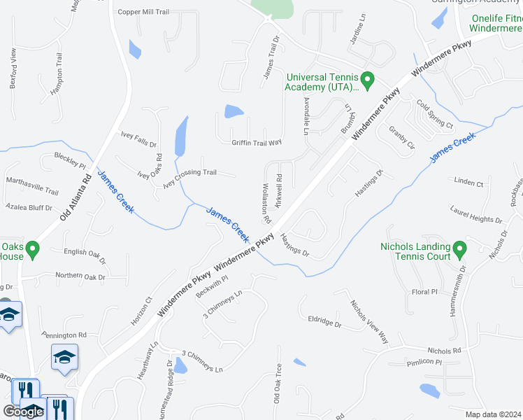 map of restaurants, bars, coffee shops, grocery stores, and more near 4570 Wollaston Road in Cumming