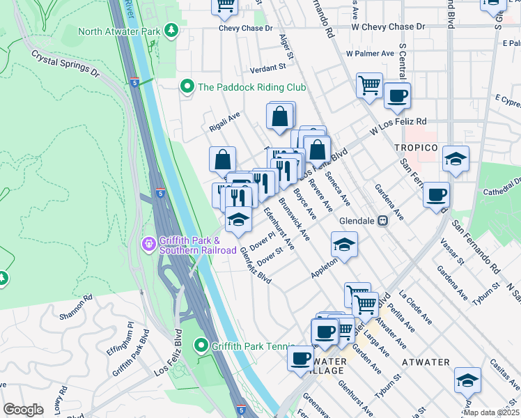 map of restaurants, bars, coffee shops, grocery stores, and more near 3948 Edenhurst Avenue in Los Angeles