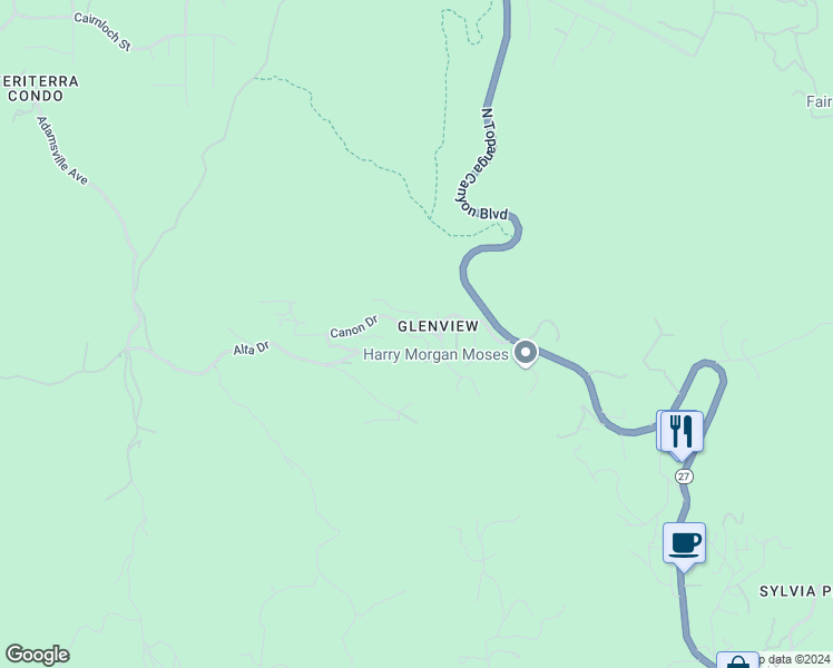 map of restaurants, bars, coffee shops, grocery stores, and more near 21832 Canon Drive in Topanga