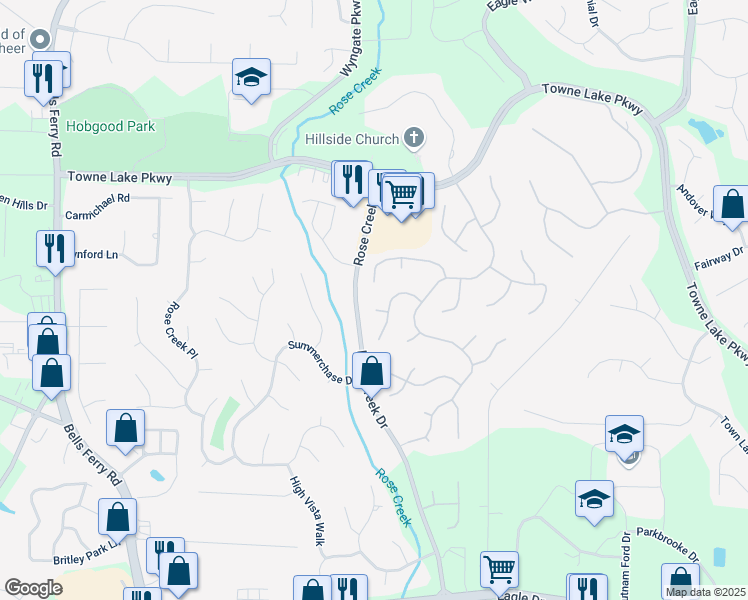 map of restaurants, bars, coffee shops, grocery stores, and more near 1705 Brookridge Court in Woodstock