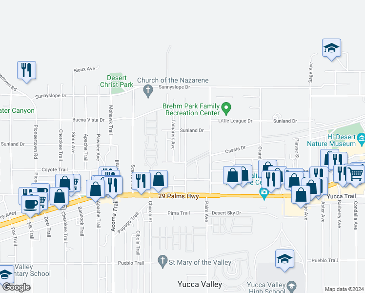 map of restaurants, bars, coffee shops, grocery stores, and more near 7100 Cholla Avenue in Yucca Valley