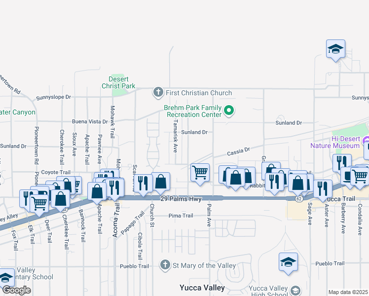 map of restaurants, bars, coffee shops, grocery stores, and more near 7100 Cholla Avenue in Yucca Valley