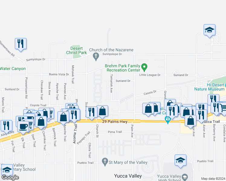 map of restaurants, bars, coffee shops, grocery stores, and more near 7101 Tamarisk Avenue in Yucca Valley