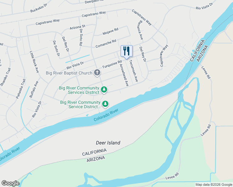 map of restaurants, bars, coffee shops, grocery stores, and more near 150443 Del Rey Drive in Big River