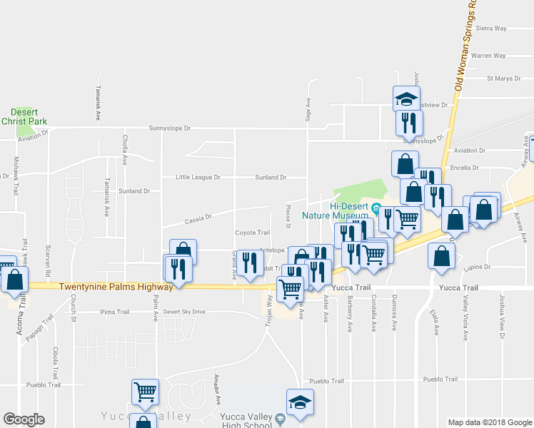 map of restaurants, bars, coffee shops, grocery stores, and more near 56791 Cassia Drive in Yucca Valley