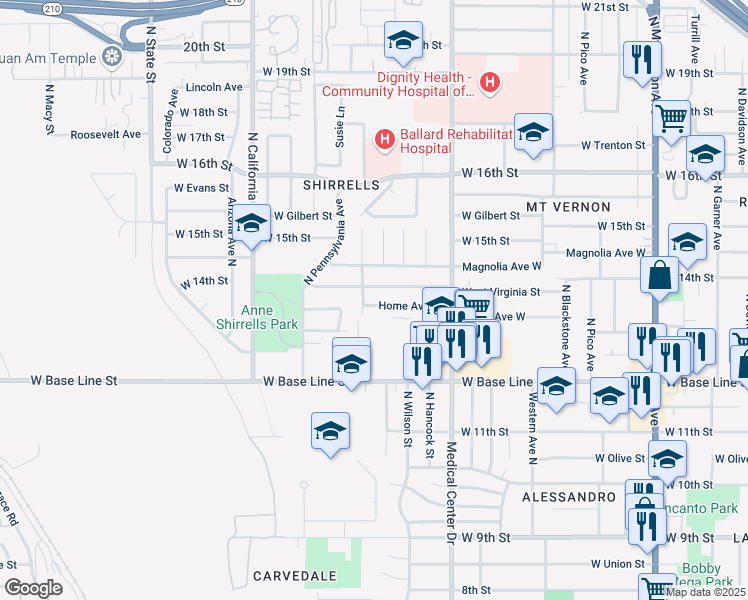 map of restaurants, bars, coffee shops, grocery stores, and more near 1749 Home Avenue West in San Bernardino