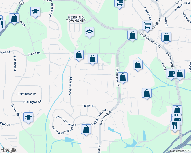 map of restaurants, bars, coffee shops, grocery stores, and more near 1615 Waverly Glen Drive in Alpharetta