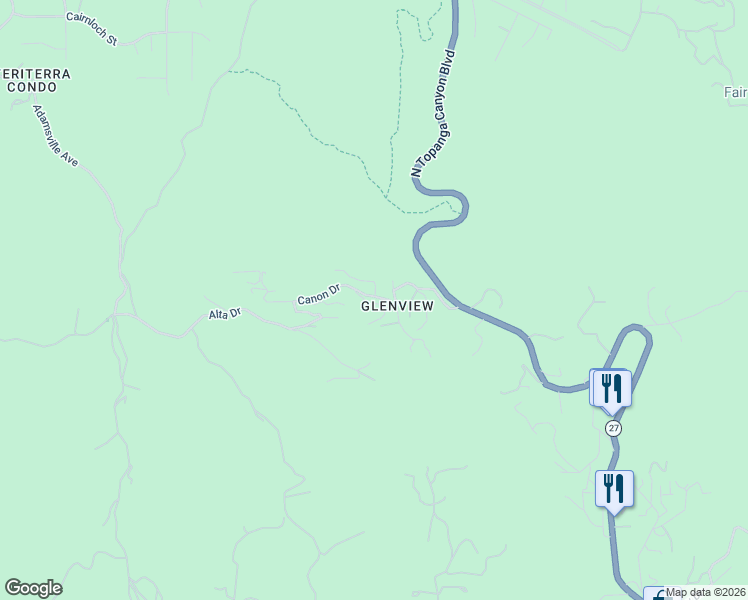 map of restaurants, bars, coffee shops, grocery stores, and more near 21832 Canon Drive in Topanga