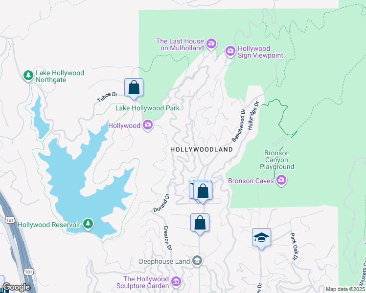 map of restaurants, bars, coffee shops, grocery stores, and more near 3030 Durand Drive in Los Angeles