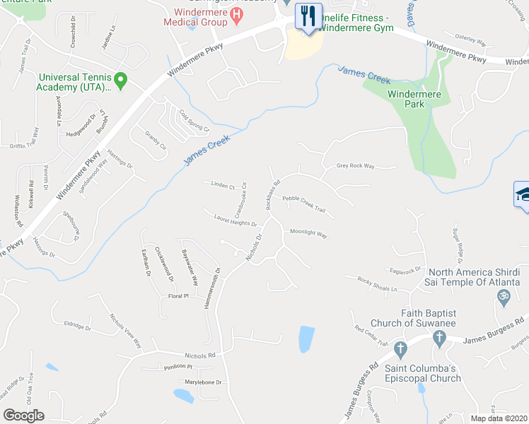 map of restaurants, bars, coffee shops, grocery stores, and more near 725 Rockbass Road in Suwanee