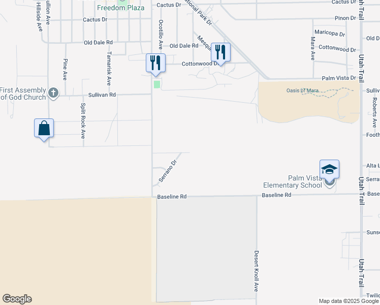 map of restaurants, bars, coffee shops, grocery stores, and more near Foothill Drive in Twentynine Palms