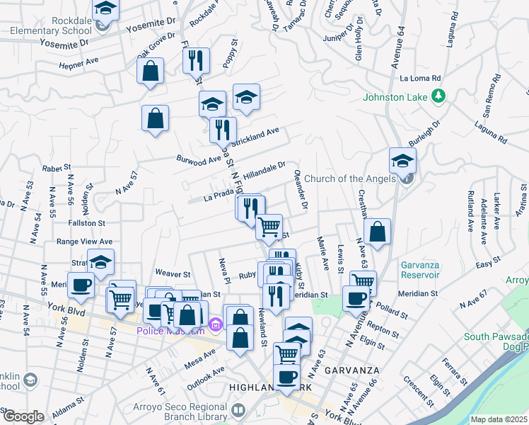 map of restaurants, bars, coffee shops, grocery stores, and more near 6172 Saint Albans Street in Los Angeles