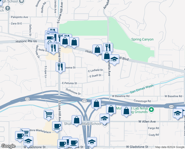 map of restaurants, bars, coffee shops, grocery stores, and more near 2137 East Duell Street in Glendora