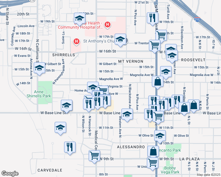 map of restaurants, bars, coffee shops, grocery stores, and more near in San Bernardino