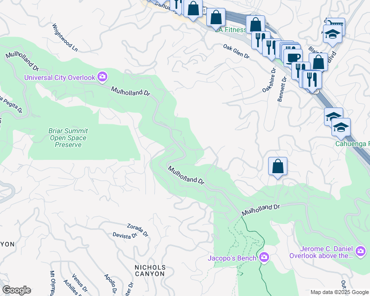 map of restaurants, bars, coffee shops, grocery stores, and more near 7460 Woodrow Wilson Drive in Los Angeles
