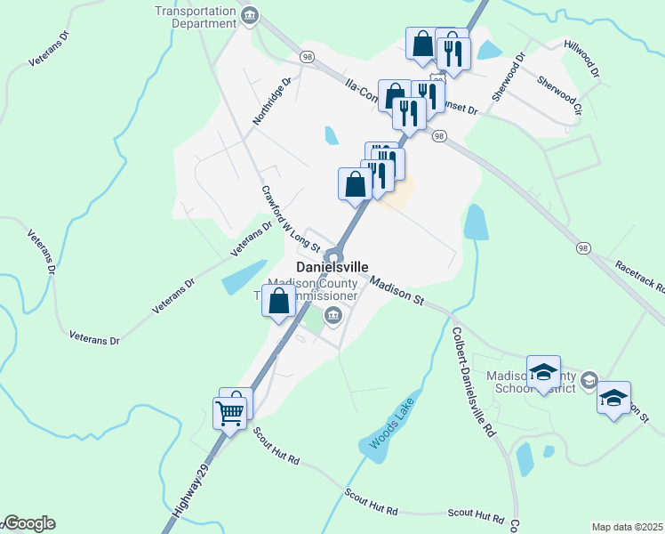 map of restaurants, bars, coffee shops, grocery stores, and more near in Danielsville