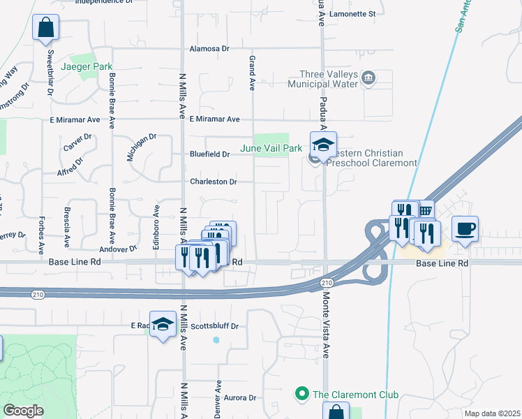 map of restaurants, bars, coffee shops, grocery stores, and more near 789 Marlboro Court in Claremont