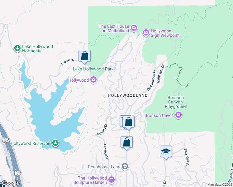 map of restaurants, bars, coffee shops, grocery stores, and more near 3030 Durand Drive in Los Angeles