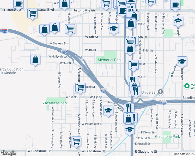 map of restaurants, bars, coffee shops, grocery stores, and more near 532 West 2nd Street in Azusa