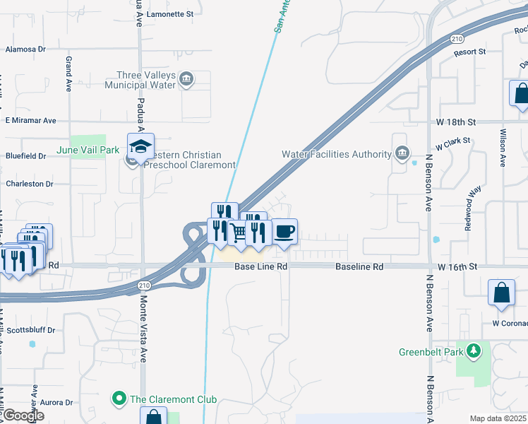 map of restaurants, bars, coffee shops, grocery stores, and more near 1760 Acadia Place in Upland