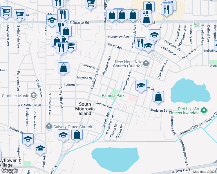 map of restaurants, bars, coffee shops, grocery stores, and more near Maydee St & Wesleygrove Ave in Duarte