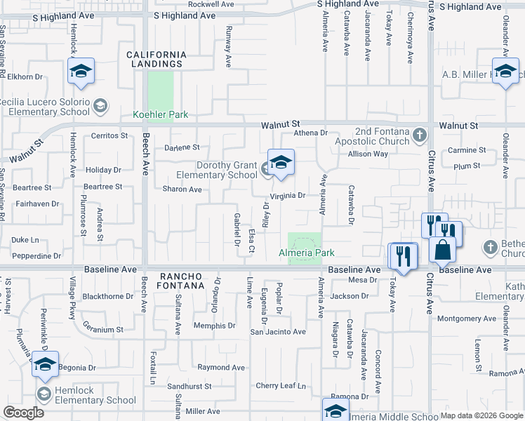 map of restaurants, bars, coffee shops, grocery stores, and more near 7103 Riley Drive in Fontana