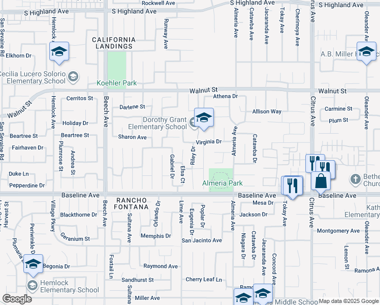 map of restaurants, bars, coffee shops, grocery stores, and more near 7144 Riley Drive in Fontana