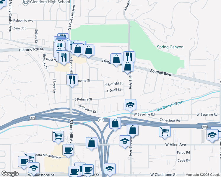 map of restaurants, bars, coffee shops, grocery stores, and more near 2137 East Duell Street in Glendora