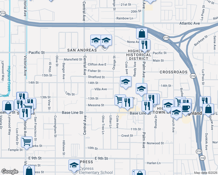 map of restaurants, bars, coffee shops, grocery stores, and more near 27038 14th Street in Highland