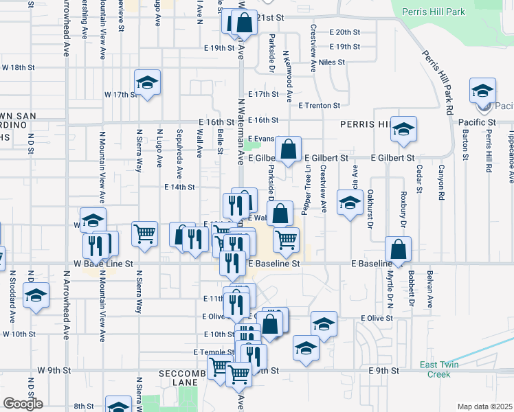 map of restaurants, bars, coffee shops, grocery stores, and more near 1365 North Waterman Avenue in San Bernardino