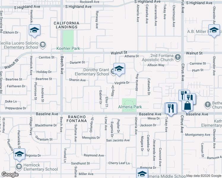 map of restaurants, bars, coffee shops, grocery stores, and more near 7103 Riley Drive in Fontana