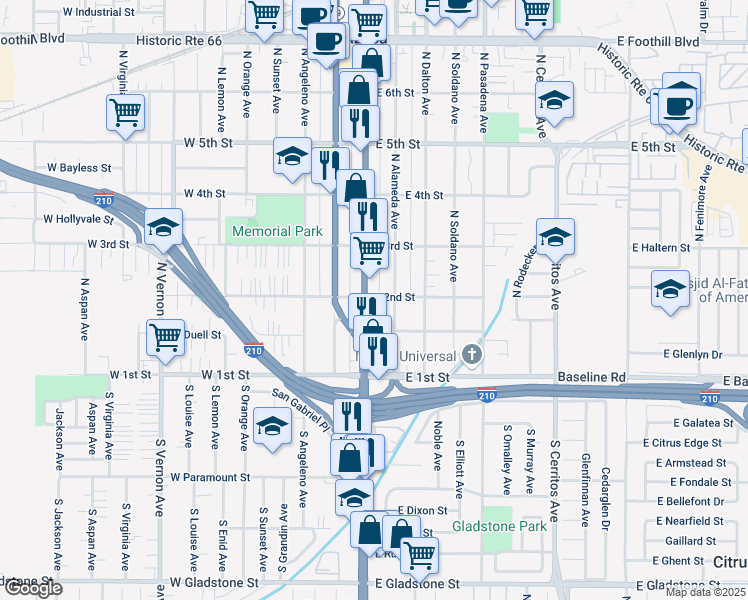 map of restaurants, bars, coffee shops, grocery stores, and more near 214 North Azusa Avenue in Azusa