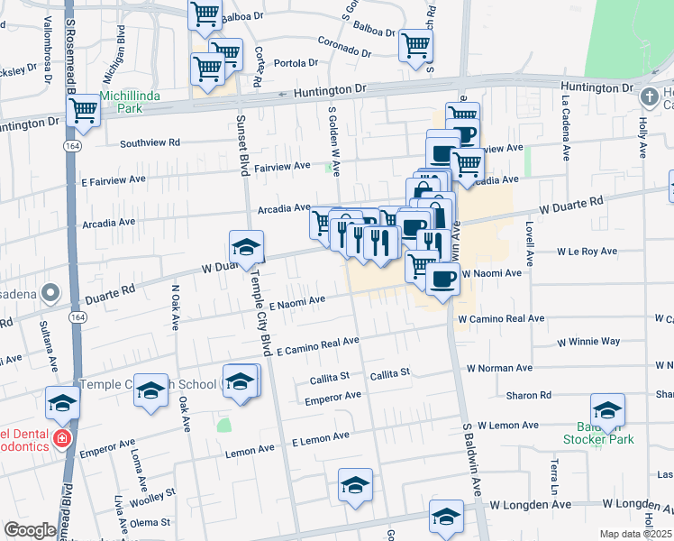 map of restaurants, bars, coffee shops, grocery stores, and more near in Arcadia