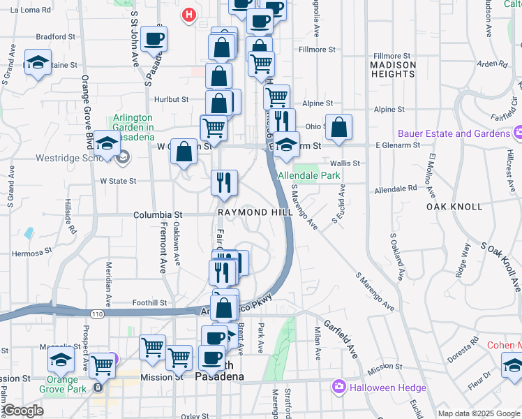 map of restaurants, bars, coffee shops, grocery stores, and more near 85 East State Street in Pasadena