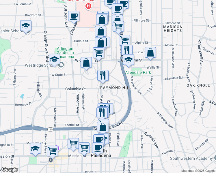 map of restaurants, bars, coffee shops, grocery stores, and more near 180 Mockingbird Lane in South Pasadena