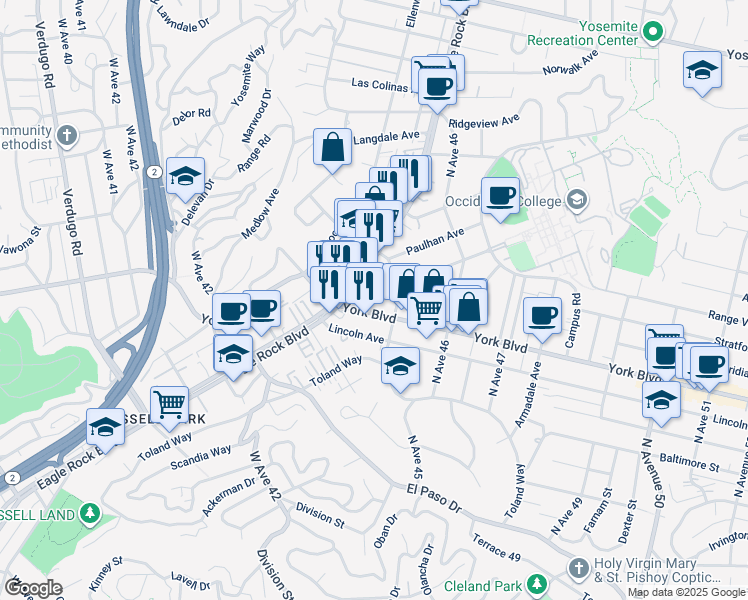 map of restaurants, bars, coffee shops, grocery stores, and more near 4428 North Eagle Rock Boulevard in Los Angeles