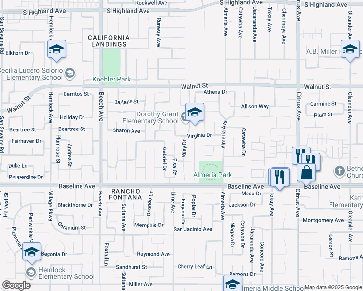 map of restaurants, bars, coffee shops, grocery stores, and more near 7144 Riley Drive in Fontana