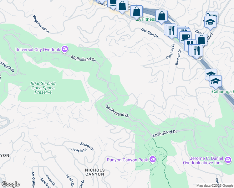 map of restaurants, bars, coffee shops, grocery stores, and more near 7460 Woodrow Wilson Drive in Los Angeles