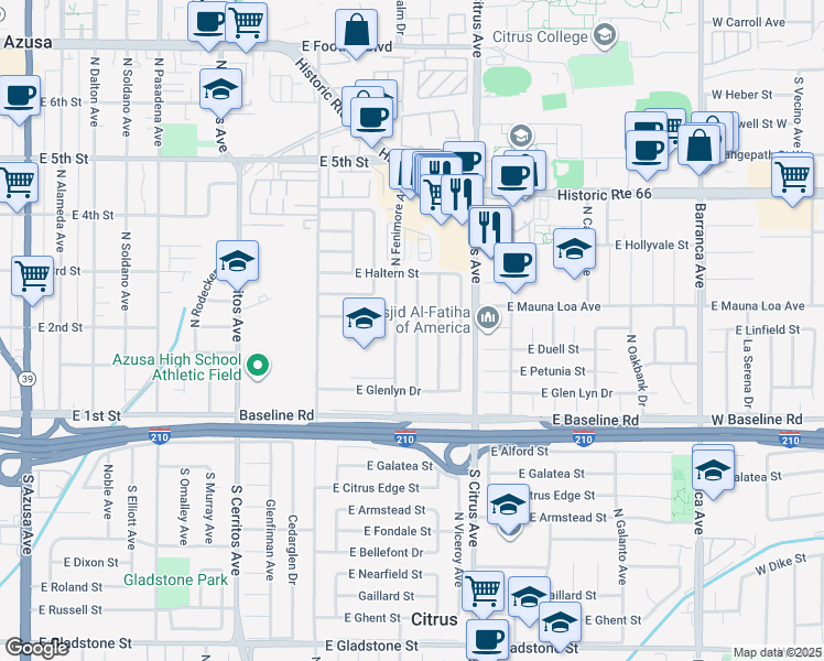 map of restaurants, bars, coffee shops, grocery stores, and more near 207 North Calvados Avenue in Azusa
