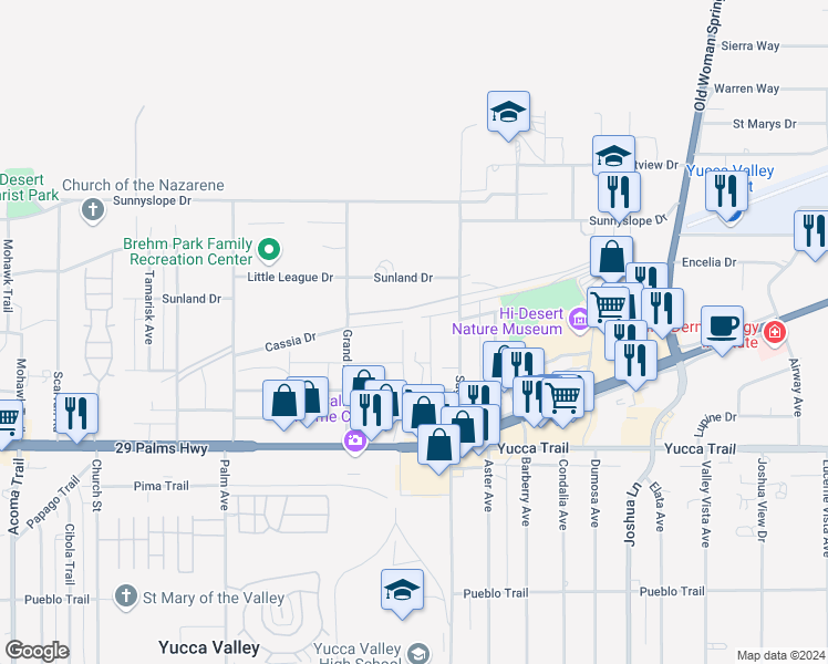 map of restaurants, bars, coffee shops, grocery stores, and more near Cassia Drive in Yucca Valley