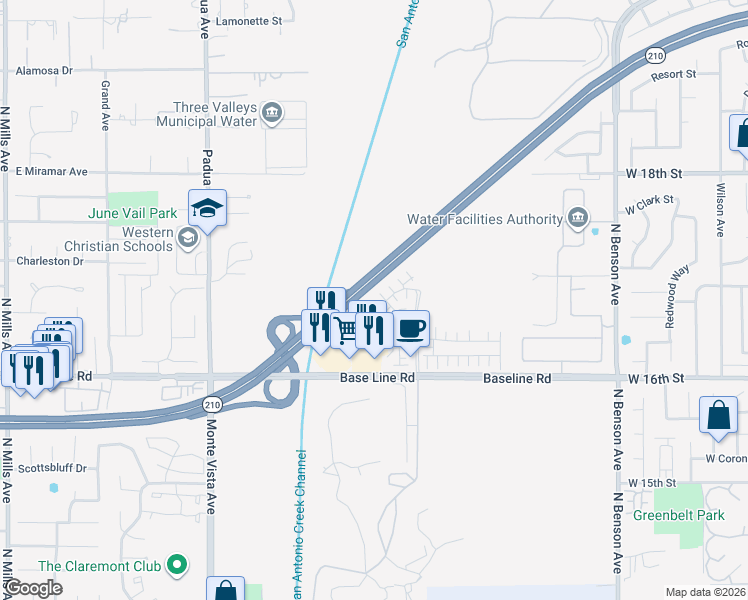 map of restaurants, bars, coffee shops, grocery stores, and more near 1749 Franklin Tree Place in Upland