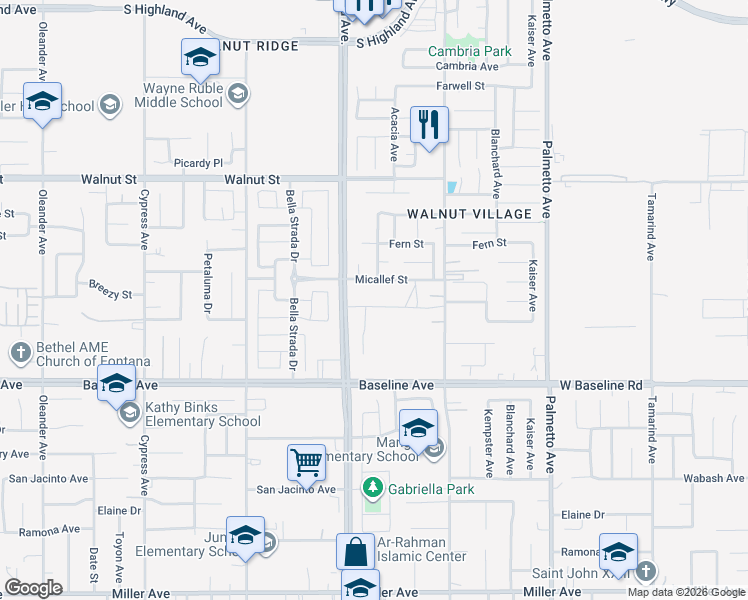 map of restaurants, bars, coffee shops, grocery stores, and more near 16964 Mountain View Avenue in Fontana