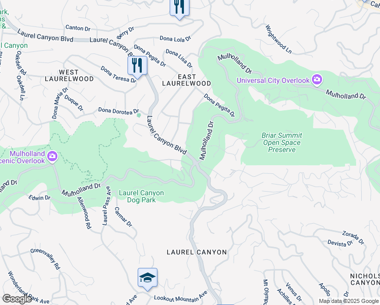 map of restaurants, bars, coffee shops, grocery stores, and more near 2925 Dona Susana Drive in Los Angeles