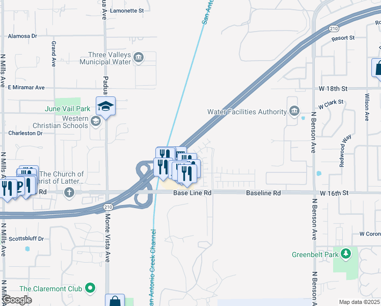 map of restaurants, bars, coffee shops, grocery stores, and more near 1749 Franklin Tree Place in Upland