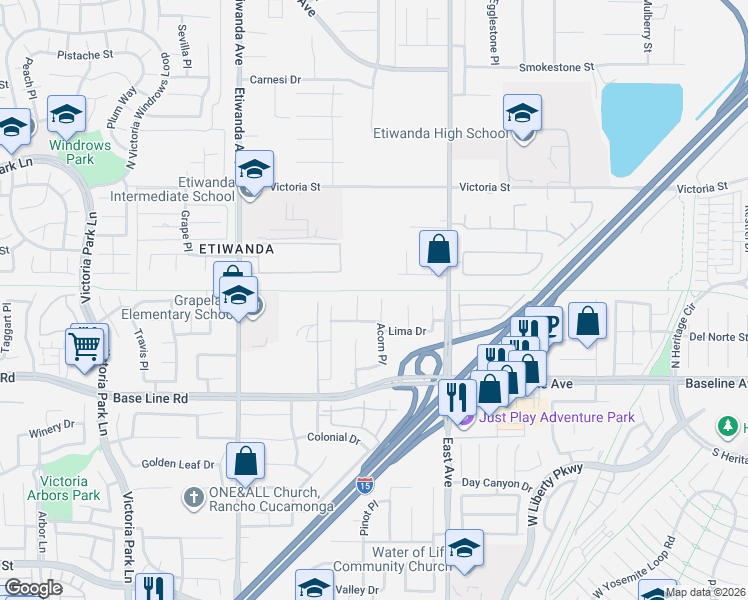 map of restaurants, bars, coffee shops, grocery stores, and more near 7112 Acorn Place in Rancho Cucamonga