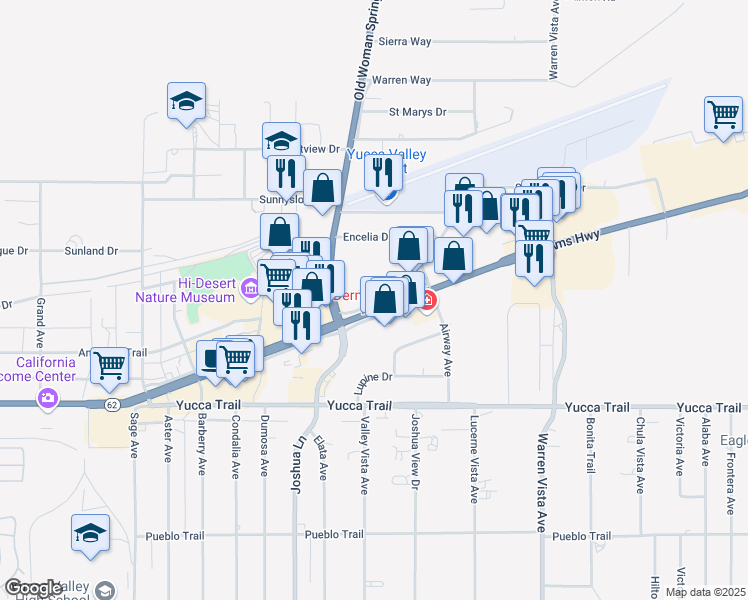 map of restaurants, bars, coffee shops, grocery stores, and more near California 62 in Yucca Valley