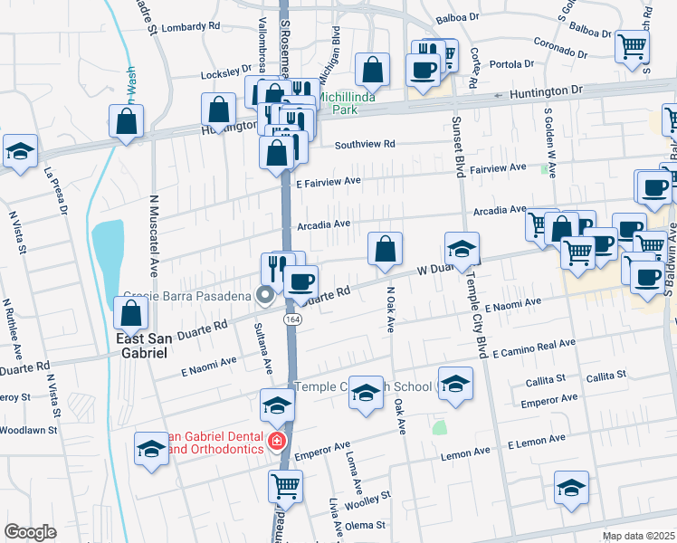 map of restaurants, bars, coffee shops, grocery stores, and more near 9059 East Greenwood Avenue in San Gabriel