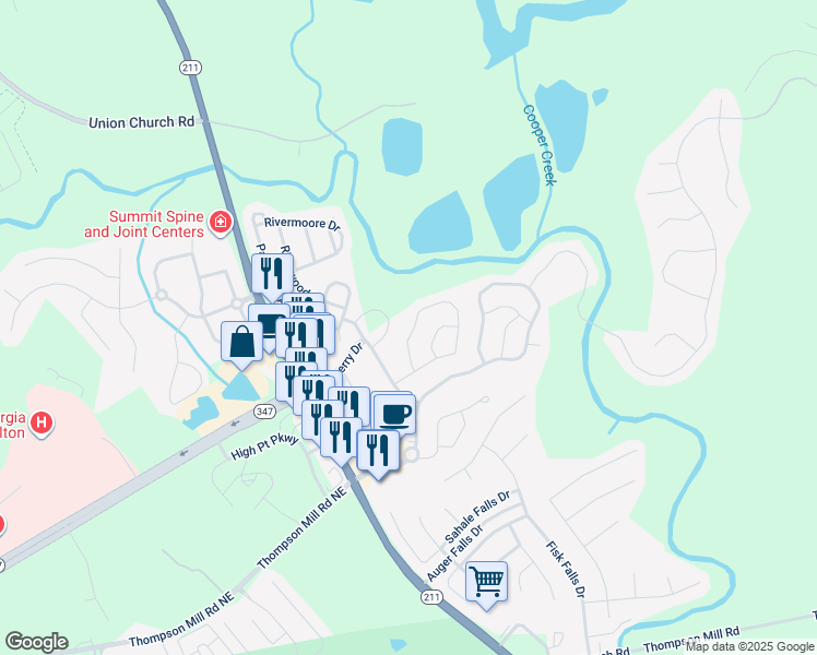 map of restaurants, bars, coffee shops, grocery stores, and more near 6835 White Walnut Way in Braselton
