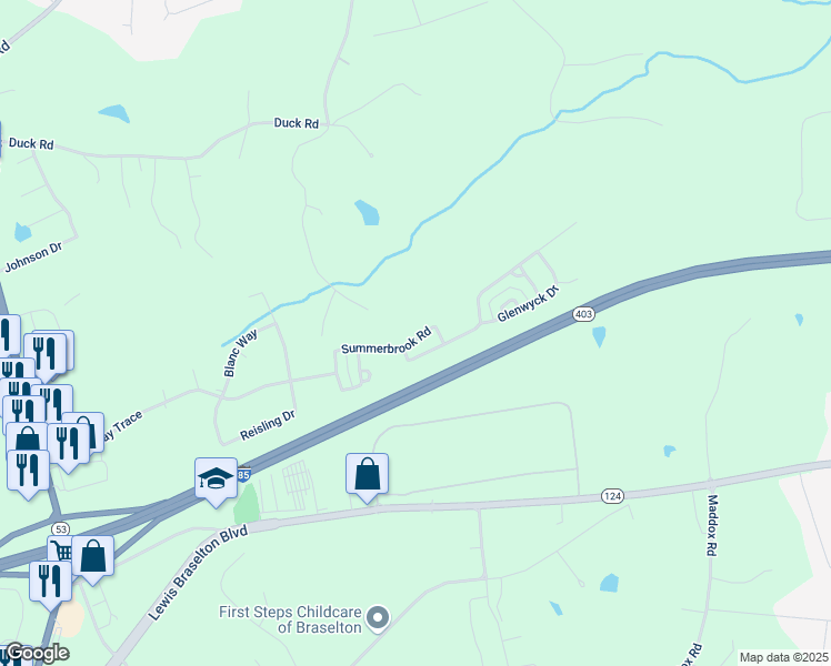 map of restaurants, bars, coffee shops, grocery stores, and more near 339 Summerbrook Road in Braselton