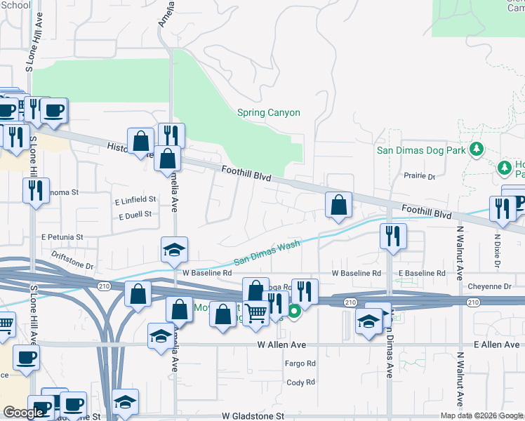 map of restaurants, bars, coffee shops, grocery stores, and more near 1237 Pennell Drive in Glendora